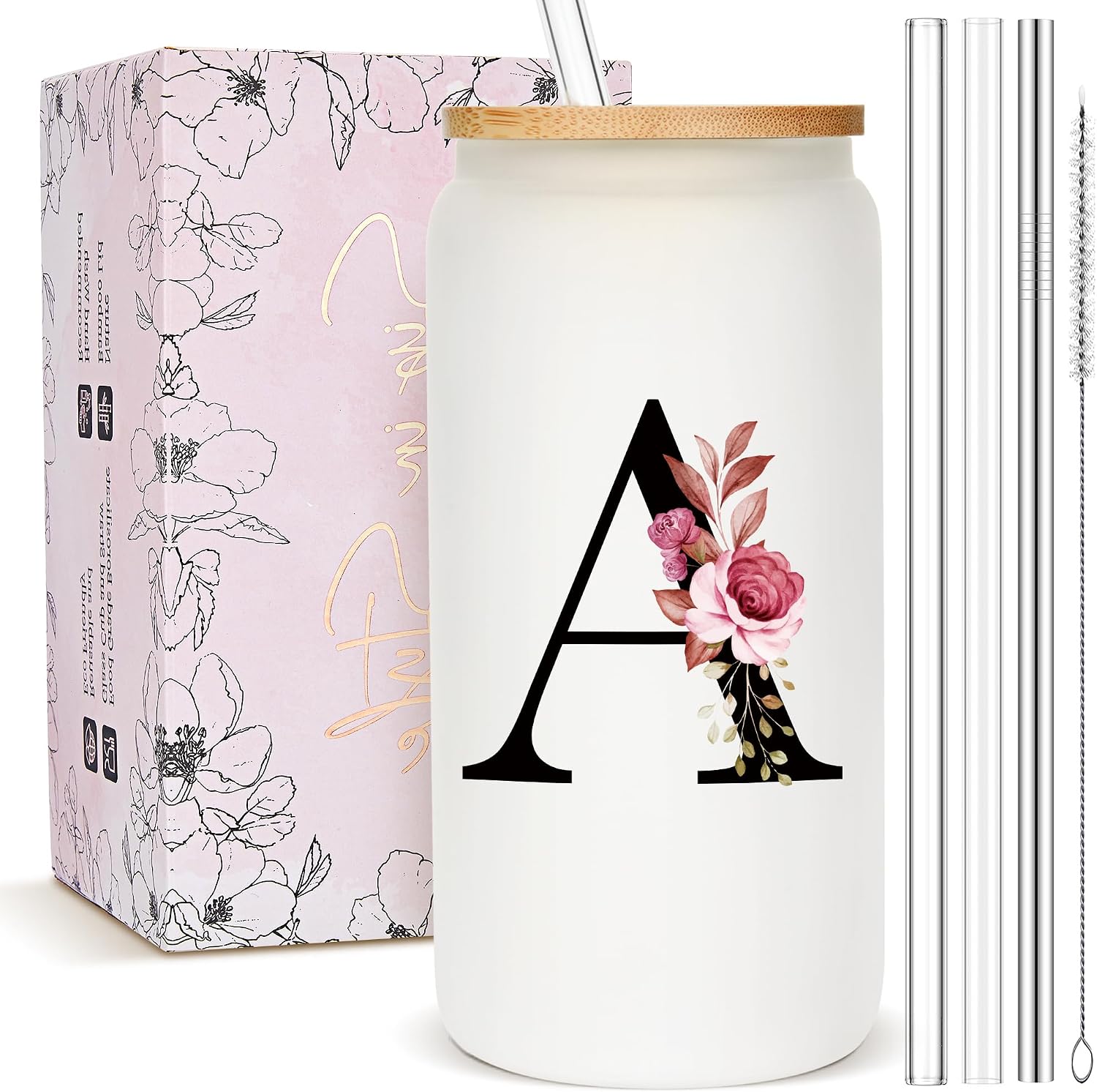 Monogrammed Frosted Glass Tumbler with Straw and Lid