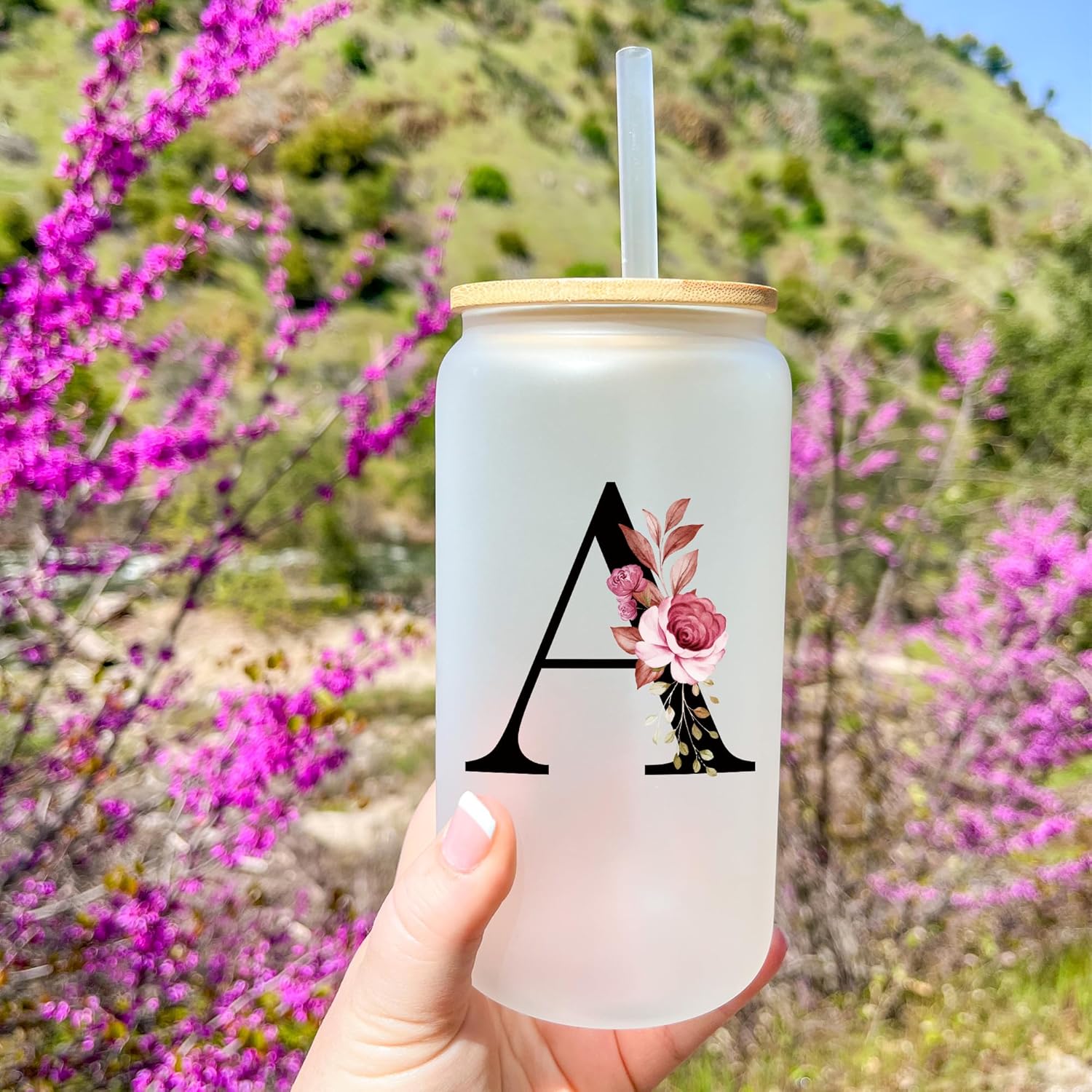 Monogrammed Frosted Glass Tumbler with Straw and Lid